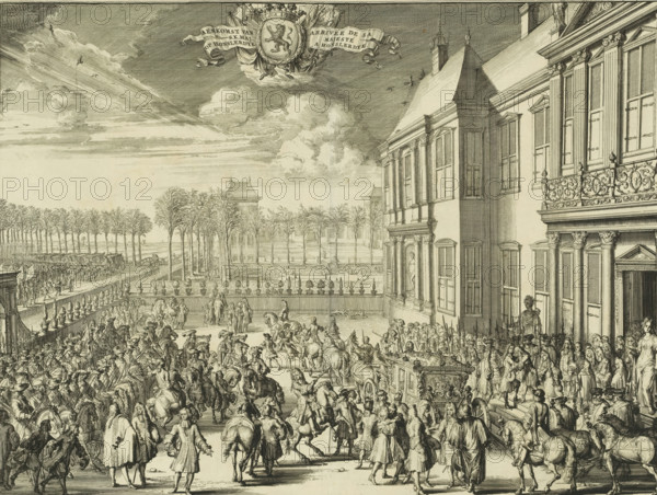 Arrival of William III at Honselaarsdijk Palace, 1691, Aenkomst van SK Maj. op Honslerdyk, Arrivée de Sa Majesté a Honslerdyk, print, book illustration, Arrival of Stadtholder-King William III at Honselaarsdijk Palace, February 1691. Soldiers and carriages in front of the palace. The king is welcomed at the palace., printmaker: Romeyn de Hooghe, Northern Netherlands, paper, etching, height 337 mm x width 447 mm, Print also used in: Bidloo, Govard. Komste van zyne majesteit Willem III. Koning van Groot Britanje, enz. in Holland, ofte omstandelyke beschryving van alles, (…) vercierd met kopere platenen. The Hague: Arnoud Leers, 1691., Person, William III (Prince of Orange and King of England, Scotland, and Ireland), Entry of William III into The Hague (1691), Honselersdijk, Honselersdijk Palace, Period, 1691-05, A detailed engraved scene shows a crowded courtyard and street beside a large classical building with tall windows, columns, decorative balcony railings, and statues; many figure...