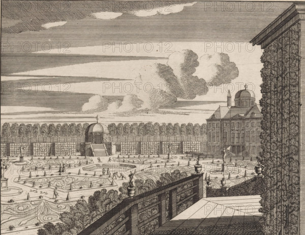 View of a part of the gardens of Huis ten Bosch, Gesigt uyt het oosterse cabinet van boven en over de tuyn, Vue hors du cabinet orientale d'en haut dans le iardin, print, seen from the eastern green cabinet. In the background, left of center, the western green cabinet., printmaker, publisher, grantor of privilege, The Hague, paper, etching, height 166 mm x width 191 mm, garden buildings, palace, French or architectural garden, formal garden, Paleis Huis ten Bosch, A detailed etching of a formal garden seen from a raised terrace, with a wooden balustrade and tiled terrace floor in the foreground, ornate parterres with swirling patterns and low planted hedges below, several small figures walking and working in the garden, a central fountain and symmetrical pathways, a domed pavilion reached by steps and flanked by clipped hedges and trellis panels, a large classical building with a domed roof and chimneys at the garden edge, rows of tall trees forming a distant boundary, cloud formations...