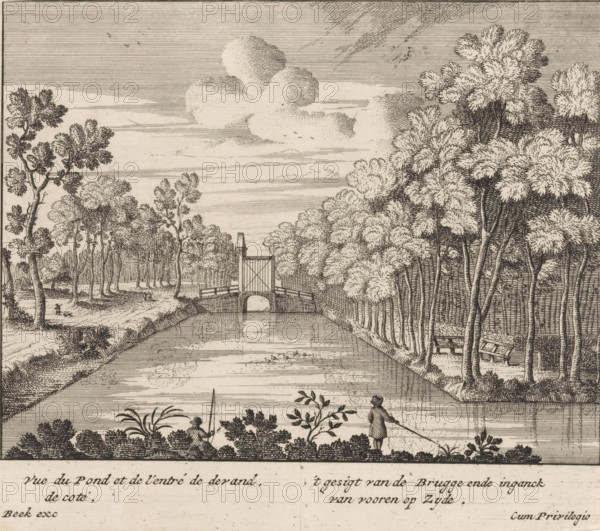 View of the bridge and gateway in front of Huis ten Bosch, 't Gesigt van de brugge ende inganck van vooren op zyde, Vue du pond et de l'entré de devand, de coté, print, View of the bridge and gateway in front of Huis ten Bosch., printmaker, publisher, grantor of privilege, The Hague, paper, etching, height 167 mm x width 190 mm, canal, bridge, palace, gate, entrance, Huis ten Bosch Palace, A detailed black and white engraving showing a canal running from the foreground toward a small arched bridge with a gated structure above it, flanked on both sides by rows of tall leafy trees; the canal surface reflects the sky and small ripples and a few aquatic plants are visible near the banks, where a figure stands holding a long pole and another figure is seated among low bushes and plants; winding paths and scattered trees occupy the left bank with a tiny distant figure on a path, while the right bank features a bench and a small wooden structure among closely planted trunks; the sky above is ...