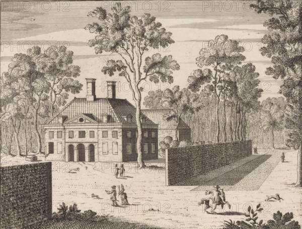 View of the castellan's house of Huis ten Bosch, 't Gesigt uyt de voorste plantagie op 't huys vande castelein, Vue hors du premier plantage sur la maison du concherge, print, View of the forecourt with the castellan's house of Huis ten Bosch., printmaker, publisher, grantor of privilege, The Hague, paper, etching, height 167 mm x width 192 mm, palace, Huis ten Bosch Palace, A large multi-story building with a sloped tiled roof and two tall chimneys sits amid a landscape of tall trees, a wall running along the right side and foreground, and a pathway beside the wall. The building shows an entrance with three arched openings at ground level, evenly spaced rectangular windows above, and dormer-like features on the roof. Trees with textured foliage rise around and behind the house, some trunks visible in front. In the open area before the building are small human figures walking and conversing, a mounted rider on a horse, and several small animals scattered on the ground. The sky is drawn...