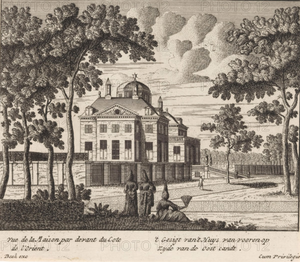 View of the eastern side of Huis ten Bosch, 't Gesigt van 't huys van vooren op zyde van de oost candt, Vue de la maison par devant du cote de l'orient, print, View of the eastern side and part of the front of Huis ten Bosch., printmaker, publisher, grantor of privilege, The Hague, paper, etching, height 168 mm x width 193 mm, palace, Huis ten Bosch Palace, A detailed engraving shows a large classical building with a central dome and chimneys, a triangular pediment above a row of windows, and a colonnaded lower level facing a formal terrace; tall trees with dense foliage frame the scene on both sides and in front of the building, their trunks rising from manicured hedges and planted borders; a few small human figures in period dress stand and walk along pathways in the foreground, while another figure sits on the grass holding a fan; clouds rendered with fine hatching fill the sky above the building and horizontal lines indicate distant landscape beyond a low balustrade and fence.