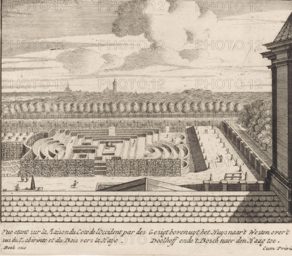 View from above the house toward the west over the labyrinth and the forest toward The Hague, View standing on the house on the west side with the labyrinth and the forest toward The Hague, View of the labyrinth in the gardens of Huis ten Bosch, print, with the Haagse Bos and the contours of The Hague behind it, seen from the palace., printmaker, publisher, grantor of privilege, The Hague, paper, etching, height 165 mm x width 191 mm, prospect of village, silhouette of village, prospect of city, town panorama, silhouette of city, palace, French or architectural garden, formal garden, labyrinth, maze, garden, Paleis Huis ten Bosch, Haagse Bos, A detailed engraved view shows a formal garden with geometric hedges and maze-like pathways, rows of clipped trees lining a promenade, and parterres with curving and angular designs. Small human figures appear walking in the garden and near the walkways. A high wall with patterned roof tiles runs across the foreground and a tall building facade wi...