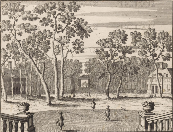 View of the front gate of Huis ten Bosch, 't Gesigt van trappen van 't huys siende naer de voorste poort aende wegh, Vue sur les montees de la maison, voyant vers la porte en entrant du chemin, print, View of the forecourt with the front gate of Huis ten Bosch behind it, seen from the palace stairs., printmaker, publisher, grantor of privilege, The Hague, paper, etching, engraving, height 169 mm x width 191 mm, palace, gate, entrance, Huis ten Bosch Palace, A wide engraving view shows a tree-lined avenue flanked by tall, leafy trees with detailed bark and canopies, leading to a distant pavilion framed by hedges; on either side of the avenue near the front are balustraded terraces with large ornamental urns filled with foliage, and beyond the trees on the left and right are classical buildings with rows of windows and chimneys. Several small human figures in period dress walk or stand on the paved foreground and along the avenue, and a small dog runs near one figure; the sky is rendered...