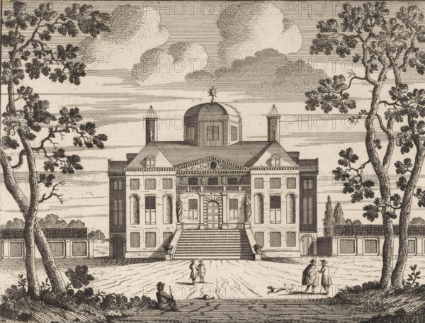 t Huys regt in 't incomen van vooren, Vue de la maison par devant en entrant, Gezicht op de voor van Huis ten Bosch, print, Gezicht op de voor van Huis ten Bosch., printmaker, publisher, verlener van privilege, The Hague, paper, etching, engraving, height 168 mm x width 194 mm, palace, Huis ten Bosch Palace, A detailed engraving of a large classical house with a central domed section flanked by symmetrical wings, a broad staircase leading to an ornate central doorway, statues on pedestals beside the entrance, and rows of arched and rectangular windows; two tall trees frame the scene at left and right with leafy branches extending inward, clouds and lined sky above, a low wall and clipped hedges behind the house, and several small figures and a dog in the foreground along a patterned ground with a seated figure near the bottom edge.