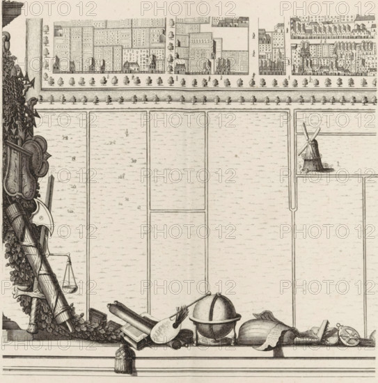 Plan of the figurative map of The Hague (tenth part), Map of The Hague (tenth part), area plan, print, Tenth part of a map of The Hague. Along the left and bottom a garland of leaves, coats of arms and objects referring to the fine arts. Numbered bottom right: 10., check stamp: 'Archief Ministerie van Oorlog Afdeeling Genie', printmaker: Cornelis Elandts, The Hague, publisher: Nicolaes Visscher (II), Amsterdam, grantor of privilege: States of Holland and West Friesland, dedicated to: William III (Prince of Orange and King of England, Scotland, and Ireland), 1665 - 1667, 1681 - 1682, William III (Prince of Orange and King of England, printmaker, publisher, surveyor, cartographer, grantor of privilege, paper, etching, height 548 mm x width 651 mm, maps of cities, A detailed black and white engraved scene shows the upper portion of a map with a row of densely drawn houses and garden plots along a street lined with evenly spaced trees, a canal or river with tree-lined embankments below, an...