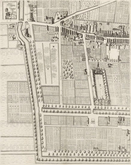Plan of the figurative map of The Hague (fifth part), Plan of The Hague (fifth part), area plan, print, Fifth part of a plan of The Hague. Numbered top left: 5., check stamp: 'Archief Ministerie van Oorlog Afdeeling Genie', printmaker: Cornelis Elandts, The Hague, publisher: Nicolaes Visscher (II), Amsterdam, grantor of privilege: States of Holland and West Friesland, dedicated to: William III (Prince of Orange and King of England, Scotland, and Ireland), 1665 - 1667, 1681 - 1682, William III (Prince of Orange and King of England, printmaker, publisher, surveyor, cartographer, grantor of privilege, paper, etching, height 548 mm x width 651 mm, maps of cities, A detailed monochrome bird’s-eye view of an urban area with rectilinear plots and narrow streets, showing rows of small buildings with gabled roofs clustered along linear roads and canals, a large enclosed complex with towers and a central long hall, scattered standalone houses and farm structures, numerous small rectangular garde...
