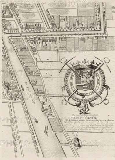 Plan of the figurative map of The Hague (twelfth part), Plan of The Hague (twelfth part), area plan, print, Twelfth part of a plan of The Hague. On the right the coat of arms of and the dedication to William III. Around the coat of arms anchors and below the coat of arms George slaying the dragon. Numbered bottom right: 12., check stamp: 'Archief Ministerie van Oorlog Afdeeling Genie', printmaker: Cornelis Elandts, The Hague, publisher: Nicolaes Visscher (II), Amsterdam, grantor of privilege: States of Holland and West Friesland, dedicated to: William III (Prince of Orange and King of England, Scotland, and Ireland), 1665 - 1667, 1681 - 1682, William III (Prince of Orange and King of England, printmaker, publisher, surveyor, cartographer, grantor of privilege, paper, etching, height 548 mm x width 651 mm, armorial bearing, heraldry, maps of cities, A detailed black and white engraved map fragment showing a winding river with small boats and ships, lined by narrow streets and rows of re...