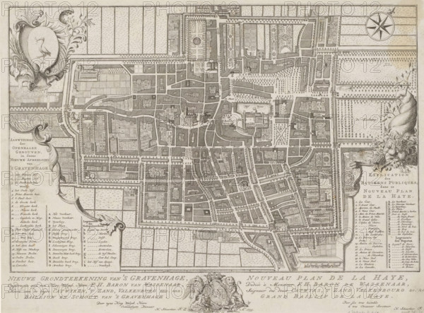 New ground plan of The Hague, Nouveau plan de La Haye, Map of The Hague, area plan, print, Map with buildings in bird's-eye perspective. Top left the coat of arms of The Hague, below that a Dutch legend 1-22, AO and ak. On the right a French legend 1-22, AO and ak. To the left of that a scale bar: Scale of sixty Rhineland rods. Below the map the title and dedication in Dutch and French, with the coat of arms of Frederik Hendrik baron van Wassenaer in the middle., printmaker: Iven Besoet (possibly), The Hague, publisher: Hendrik Florisz Scheurleer, dedicated by: Hendrik Florisz Scheurleer, dedicated to: Frederik Hendrik baron van Wassenaer, 1755, Iven Besoet, Hendrik Florisz Scheurleer, Frederik Hendrik baron van Wassenaer, printmaker, publisher, paper, engraving, etching, height 318 mm x width 425 mm, armorial bearing, heraldry, coat of arms (as symbol of the state, etc.) (city, municipal), maps of cities, A detailed monochrome engraved map showing a city layout with a network of stree...
