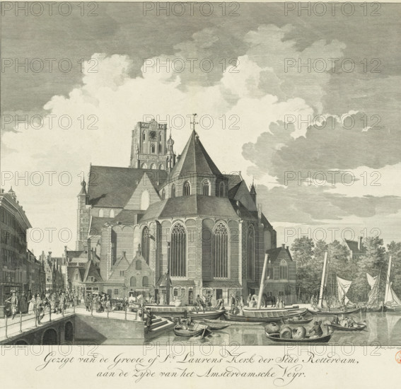 View of the Great or St. Lawrence Church in Rotterdam, View of the Great or St. Lawrence Church of the city of Rotterdam, on the side of the Amsterdam Veyr, print, View of the back of the Great or St. Lawrence Church in Rotterdam, seen from the Binnenrotte., printmaker: Jan Punt, Amsterdam, after drawing by Cornelis Pronk, 1753, paper, etching, engraving, height 370 mm x width 425 mm, A detailed monochrome engraving shows a large Gothic church with tall pointed roofs, arched windows, buttresses, and a tower rising behind it, occupying the central area of the scene; a busy canal in the foreground contains several small boats and barges with people aboard and large spherical cargo, while a stone quay with steps meets the water; numerous figures crowd the quay and bridge, some walking, some conversing, and some loading or unloading goods; rows of narrow multi-story buildings line the left side of the image, and trees and additional houses appear to the right behind the church; the sky abo...