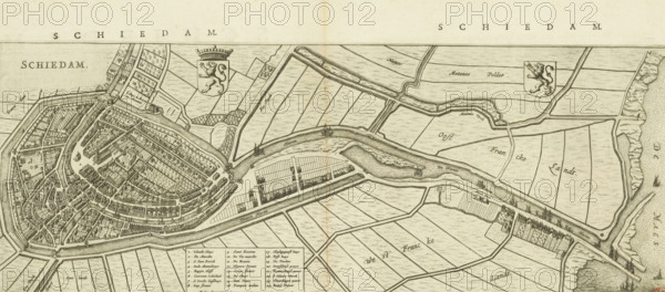 Schiedam, Map and description of Schiedam, area plan, print, Map in bird's-eye perspective and part of the description of the city of Schiedam from Blaeu's 'Toonneel der steden van de Vereenighde Nederlanden'. Above the map with the title in the upper left, the coat of arms of Holland to the right of it, and the coat of arms of Schiedam in the upper right. Below, left of the center, the legend 1-24 and the scale bar: 720 Pedes geometrici. Below the map and on the verso, Dutch text., printmaker, publisher, Amsterdam, paper, etching, engraving, letterpress printing, etching and engraving, with text in letterpress on recto and verso, height 195 mm x width 502 mm, height 515 mm x width 610 mm, Print used in: Blaeu, Johannes Willemszoon. Toonneel der steden van de Vereenighde Nederlanden. 2 volumes. Amsterdam: Johannes Willemszoon Blaeu, 1652, vol. 1., coat of arms (as symbol of the state, etc.) (city, municipal), etc.) (province, provincial), maps of cities, A sepia-toned engraved bird’s-e...