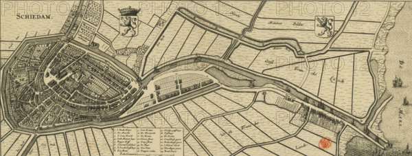 Map of Schiedam, Schiedam, area plan, print, Map in bird's-eye perspective. Top left the title, to the right of that the coat of arms of Holland and top right the coat of arms of Schiedam. Bottom left of center the legend 1-24 and the scale bar: 720 Pedes geometrici., printmaker, Johannes Janssonius, Johannes Janssonius van Waesberge (II), Willem de Jonge, paper, etching, engraving, height 195 mm x width 508 mm, An antique map rendered in sepia tones shows a fortified town with concentric streets, dense clusters of buildings, and canals surrounded by a ring of walls and bastions, adjacent expanses of parcelled fields and straight waterways, small sails and larger ships depicted in the open water at the edge, decorative shields with crowned lions placed over the countryside, a waterfront area with docks and elongated rectangular plots, tree-lined lanes and scattered groves, a boxed legend area with small columns of entries, and a circular red wax-like stamp near the lower right.