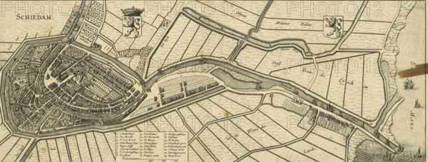 Schiedam, Map of Schiedam, area plan, print, Map in bird's-eye view perspective. Top left the title, to the right of that the coat of arms of Holland and top right the coat of arms of Schiedam. Bottom left of center the legend 1-24 and the scale bar: 720 Pedes geometrici., printmaker, Johannes Janssonius, Johannes Janssonius van Waesberge (II), paper, etching, engraving, height 202 mm, width 514 mm, An aged, detailed map view rendered in sepia tones shows a fortified town with concentric streets and densely packed buildings surrounded by walls and canals, with bridges crossing water channels and ships visible in surrounding waters; adjacent areas display parcelled fields divided by straight ditches, linear roads, and scattered small structures, while decorative heraldic shields and small windmills appear in some open spaces, and a boxed legend occupies a panel at the bottom.