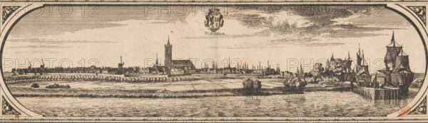 Rotterodamum Hollandiae urbs celeberrima et situ portibusque mercaturae opportunissima. Ao. 1665 (Maas map), View of Schiedam, Schiedam, print, View of Schiedam seen from the water. In the center the St. John's Church. On the right several sailing ships. At the top center the city coat of arms and the title., printmaker: Joost van Geel, Rotterdam, after design by Joost van Geel, publisher: Jacob Quack (possibly), publisher: Jan Houwens (I) (possibly), supervision: Jacob Quack, 1666 - 1698, Joost van Geel, Jacob Quack, Jan Houwens (I), printmaker, supervision, paper, etching, height 167 mm x width 569 mm, A wide horizontal sepia-toned engraving shows a riverside scene with a calm body of water in the foreground reflecting rippled lines, a grassy and marshy strip with low vegetation behind it, and a flat expanse of divided fields leading to a long town skyline in the middle distance. The town silhouette features closely spaced gabled houses, a variety of church towers and steeples includ...