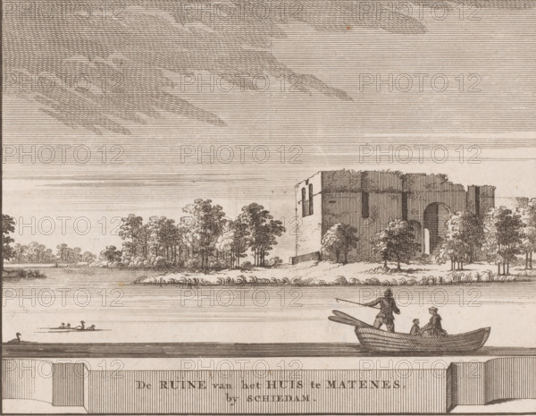 View of the ruins of Huis te Riviere in Schiedam, The ruins of the house at Matenes by Schiedam, print, book illustration, View of the ruins of Huis te Riviere, also called Huis Mathenesse, in Schiedam., printmaker: Jacobus Schijnvoet, Amsterdam, after drawing by Roelant Roghman (possibly), 1711 - 1774, paper, etching, engraving, height 141 mm x width 181 mm, Print also used in: Smids, Ludolf. Schatkamer der Nederlandse oudheden, of woordenboek, behelsende Nederlands steden en dorpen, kasteelen, sloten en heeren huysen (…). Amsterdam: Pieter de Coup, 1711, between p. 224 and 225. It is also possible that this print comes from the second (1737) or third (1774) edition, or from an edition containing only the prints: Nederlandsche oudheden, bestaan in zeskelijk verbeeldingen, gelegen in Holland, 't Sticht van Utrecht en Gelderland enz. Amsterdam: Hendrik Bosch, 1721., ruin of a dwelling, house, castle, Schiedam, Huis te Riviere, A wide horizontal scene rendered in fine dark lines on a lig...