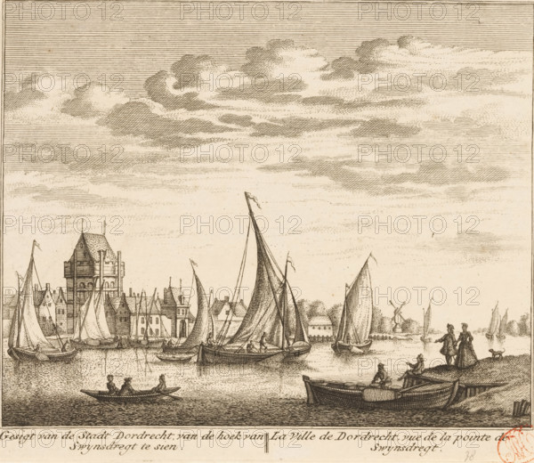 View of the city of Dordrecht, seen from the corner of Swynsdregt, La ville de Dordrecht, vue de la pointe de Swynsdregt, View of Dordrecht, print, seen from the corner near Zwijndrecht., printmaker: Leonard Schenk, Amsterdam, after drawing by Abraham Rademaker, 1736, paper, etching, height 170 mm x width 201 mm, rowing-boat, canoe, sailing-ship, sailing-boat, prospect of city, town panorama, silhouette of city, Dordrecht, IJsselmonde, Zwijndrecht (South Holland), A detailed sepia-toned etching showing a waterfront scene with many sailing vessels of various sizes anchored and sailing near a shoreline lined with tall narrow buildings and a multi-story tower. The sails are furled or partially raised, with masts and rigging visible, and small rowboats with seated figures moving on the water. Two figures stand on a shoreline slope with a dog nearby, while other small groups of people occupy boats and the quay. A windmill appears in the distance among trees, and the sky is filled with layer...