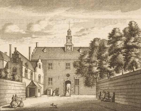 View of the St. George's Doelen in Dordrecht, Gesigt van de Doelen, Vue du Doele, print, with a number of figures in front., printmaker: Leonard Schenk, Amsterdam, after drawing by Abraham Rademaker, publisher: Leonard Schenk (possibly), 1736, Leonard Schenk, Abraham Rademaker, printmaker, after drawing by, publisher, paper, etching, engraving, height 169 mm x width 199 mm, exterior, representation of a building, Dordrecht, Sint-Jorisdoelen (Dordrecht), A sepia-toned engraving showing the facade of a large building with a tiled roof and a central tower topped by a small dome and slender spire, the tower containing a clock face; dormer windows and chimneys rise from adjoining roofs. In front of the building is a courtyard bordered by high walls, with a doorway set into the building through which several small figures are visible; a few figures stand or sit in the courtyard wearing long dresses and coats, and a small dog is on the ground. Trees with dense foliage flank one side of the co...