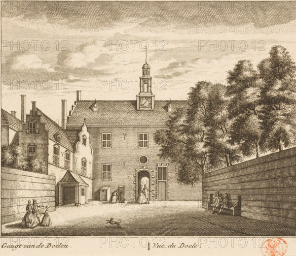 View of the Militia Targets where the Synod was held in the years 1618 and 1619, View of the Targets, where the Synod was held in 1618 and 1619, View of the Musketeers' Targets in Dordrecht where the National Synod was held in 1618-1619, print, historical print, View of the Musketeers' Targets in Dordrecht where the National Synod was held in 1618-1619 (Synod of Dordrecht). In the foreground a stall and a few passers-by., printmaker: Leonard Schenk, Amsterdam, after drawing by Abraham Rademaker, 1736, paper, etching, engraving, height 171 mm, width 201 mm, exterior, representation of a building, Synod of Dordrecht, Dordrecht, Kloveniersdoelen (Dordrecht), Period, 1618 - 1619, A sepia-toned engraving shows a courtyard framed by tall brick buildings and a high wall, with a central building featuring a steep tiled roof, a cupola with a flagpole, and a small clock face near the roofline; windows of various shapes and a round window surround a central arched doorway through which figures ar...