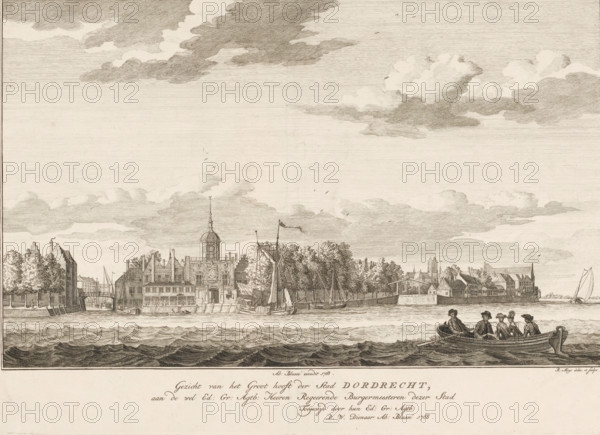 View of the Groothoofd in Dordrecht, View of the Groothoofd of the city of Dordrecht, print, with the Groothoofd Gate to the left of the center. Marked top right: C., printmaker: Robbert Muys, Rotterdam, publisher: Abraham Blussé, Dordrecht, dedicated to: Mayors of Dordrecht, 1768, paper, etching, engraving, height 298 mm x width 414 mm, rowing-boat, canoe, sailing-ship, sailing-boat, prospect of city, town panorama, silhouette of city, bridge in city across river, canal, city-gate, Groothoofdspoort, A wide riverside scene rendered in fine line work shows a waterfront town with a row of buildings along the shore, including structures with gabled roofs and a central building topped by a domed tower and a spire. Trees rise behind parts of the quay and several sailing vessels and small boats are moored or anchored near the shore, their masts and rigging visible and one flag flying from a mast. In the foreground choppy water fills the lower portion of the image, and a small rowboat with pe...