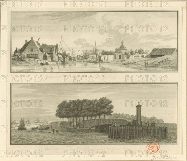 View of Goes, 1743, View of the harbor and Westerschans in Goes, print, Above a view of Goes, seen from the harbor. Below a view of the harbor and Westerschans in Goes. In the situation around 1743., printmaker: Jan Caspar Philips, Amsterdam, after drawing by Cornelis Pronk, 1743 - 1753, paper, etching, proof print, height 175 mm x width 207 mm, A vertically oriented sheet contains two rectangular engraved landscape scenes stacked with borders, the top scene showing a riverside town with houses and boats along a waterfront, masts and rigging rising above buildings, an arched gateway structure and a sloped embankment with grazing animals and two small standing figures on the right, and the lower scene depicting a shoreline with a line of tall trees on a raised bank, small boats at the water’s edge, figures on the shore and on a wooden pier, a square tower near the pier, and textured water in the foreground; a circular red stamp overlaps the lower right border area of the lower scene.