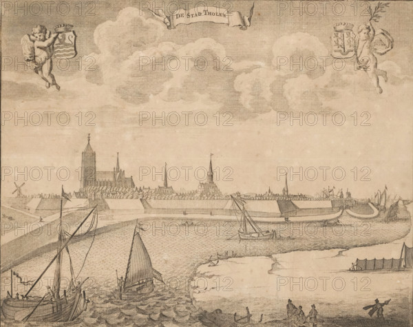 View of Tholen, The City of Tholen, print, book illustration, seen from the water. Top left a putto with the coat of arms of Zeeland, in the middle a banner with the title and top right a putto with the coat of arms of Tholen., printmaker, Pieter van der Aa (I), Christiaan Vermey, paper, etching, height 279 mm x width 343 mm, Current state of print also used in: Heussen, 1722. And in: Aa, Pieter van der. The Agreable Gallery of the World, 1728, vol. 22. Earlier state of print (numbered top right) also used in: Smallegange, Mattheus. Nieuwe Cronyk van Zeeland (…). Middelburg and Amsterdam: Johannes Meertens and Abraham van Someren, 1696., prospect of city, town panorama, silhouette of city, coat of arms (as symbol of the state, etc.) (city, municipal), etc.) (province, provincial), Tholen (city), A wide sepia-toned engraving showing a waterfront scene with several sailing vessels in choppy water in the foreground, a curved sandy shoreline with figures standing and sitting near the edge,...