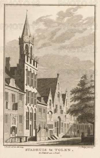 Town Hall in Tholen, View of the Town Hall of Tholen, 1743, print, book illustration, in the situation around 1743., printmaker: Jan Caspar Philips, Amsterdam, after drawing by Cornelis Pronk, publisher: Isaak Tirion, grantor of privilege: States of Holland and West Friesland, 1747 - 1760, paper, etching, height 176 mm x width 111 mm, A vertical ink engraving of a row of historic buildings along a street, dominated by a tall clock tower with a steep spire and an arched belfry, flanked by multi-story brick facades featuring large arched and rectangular windows, decorative gables, and stepped rooflines. Stone steps lead up to raised entrances with balustrades and carved newel posts, and small figures stand on or near the steps and in doorways. To the right, a large leafy tree extends into the composition, and a low wall or fence separates a shadowed area with more figures. The sky is filled with finely hatched clouds, and the whole scene is bordered by a rectangular frame.