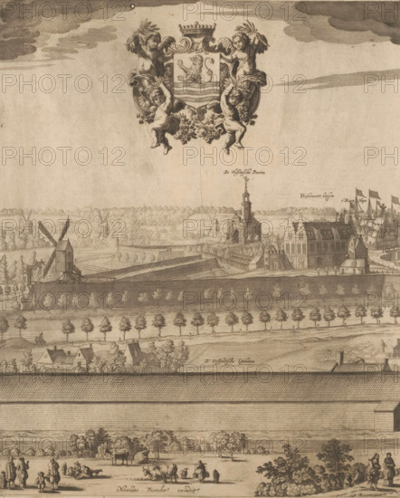 View of Middelburg (first part), Middelburgum, urbs Comitatus Zelandiae primaria, mercatura et navigatione emporium celeberrimum, print, First part of a view of Middelburg., check stamp: 'Archive of the Ministry of War, Engineering Division', printmaker: François Schillemans, Middelburg, printmaker: Pieter Hendricksz. Schut, Amsterdam, publisher: Nicolaes Visscher (I), 1616, 1652 - 1679, paper, etching, engraving, height 419 mm x width 344 mm, windmill, prospect of city, town panorama, silhouette of city, city-walls, city-gate, coat of arms (as symbol of the state, etc.) (province, provincial), ammunition store, arsenal, prison, jail, A detailed monochrome engraving shows a panoramic scene with a large decorative coat of arms near the top center, supported and surrounded by four cherubic figures and floral ornament, clouds above it and a wide expanse of sky around it. Below, a fortified townscape occupies the middle ground with buildings of varied architectural styles, a prominent chur...