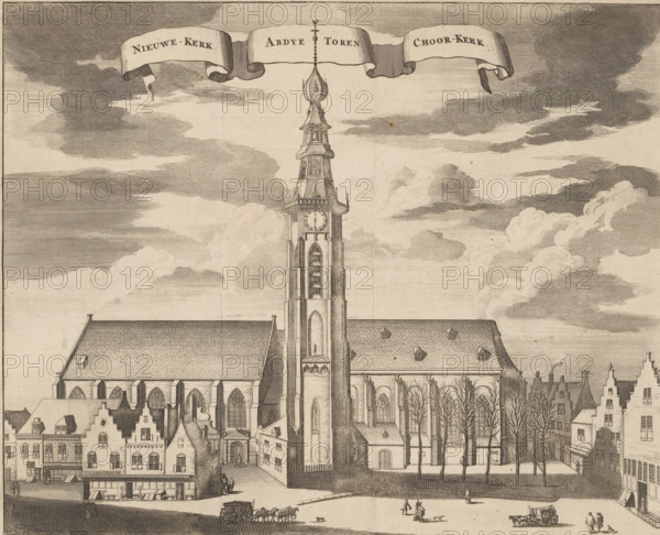 Nieuwe-Kerk. Abdye Toren. Choor-Kerk., View of the Nieuwe Kerk, Lange Jan and Koorkerk in Middelburg, print, book illustration, On the left the Nieuwe Kerk, in the middle the Lange Jan (Abbey Tower) and on the right the Koorkerk in Middelburg. At the top center a banner with the title. Above that numbered: Pag. Pars. VI., printmaker, Pieter van der Aa (I), Christiaan Vermey, paper, etching, engraving, height 276 mm x width 338 mm, Current state of print also used in: Heussen, 1722, vol. 1. And in: Aa, Pieter van der. La galerie agreable du monde, 1728, vol. 20. Earlier state of print (numbered top right) also used in: Smallegange, Mattheus. Nieuwe Cronyk van Zeeland (…). Middelburg and Amsterdam: Johannes Meertens and Abraham van Someren, 1696. There may be another state of this print that appeared between the two mentioned states in an unknown publication., church (exterior), parts of church exterior and annexes: tower, Middelburg, Lange Jan, Koorkerk, Nieuwe Kerk (Middelburg), A deta...