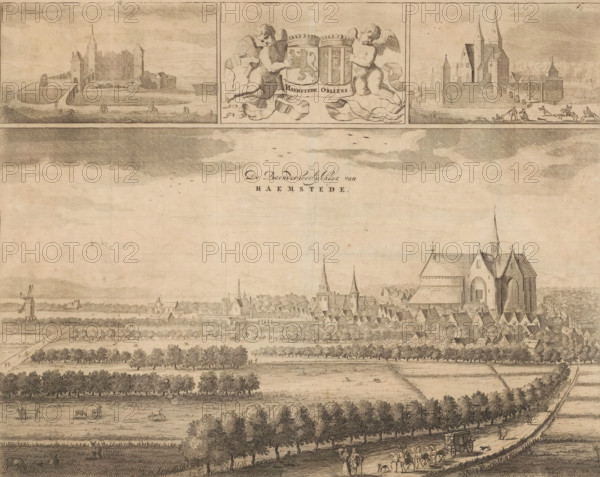 The Baenderheerlykheyt van Haemstede, View of Haamstede, print, book illustration, View of the Baenderheerlijkheid of Haamstede. Top left a view of the ruins of Haamstede Castle, as it would have looked after the fire of 1525 and before the reconstruction. Top center two putti with the coat of arms of Haamstede (also the coat of arms of the Van Haamstede family) and the coat of arms of the Orliens family. Top right a view of Haamstede Castle in its rebuilt state. Numbering of earlier state visibly erased at the very top right., printmaker, Pieter van der Aa (I), Christiaan Vermey, paper, etching, engraving, height 272 mm x width 344 mm, Current state of print also used in: Heussen, 1722, vol. 2. And in: Aa, Pieter van der. La galerie agreable du monde, 1728, vol. 22. Earlier state of print (numbered top right) also used in: Smallegange, Mattheus. Nieuwe Cronyk van Zeeland (…). Middelburg and Amsterdam: Johannes Meertens and Abraham van Someren, 1696., armorial bearing, heraldry, prospe...