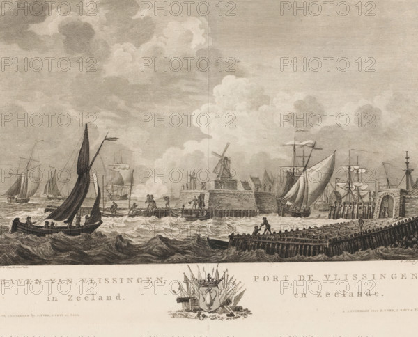 View of the port of Vlissingen, Port of Vlissingen, in Zeeland, Port de Vlissingen, en Zeelande, print, View of the port of Vlissingen with various boats. In the margin the title in Dutch and French with the coat of arms of the city in the center. Numbered top right: 21., printmaker: Mathias de Sallieth, after drawing by Dirk de Jong, Flushing, publisher: Pieter Yver, Amsterdam, publisher: Smit & Zoon, Johannes, 1779 - 1787, paper, etching, engraving, height 278 mm x width 380 mm, Later state also used in: Aa, Cornelis van der. Atlas of the seaports of the Batavian Republic. With their descriptions in 31 plates, Atlas of the seaports of the Batavian Republic, those of Batavia and Onrust. As well as the illustrations of herring fishing and whaling (…). Amsterdam: Evert Maaskamp, 1805., harbour, sailing-ship, sailing-boat, coat of arms (as symbol of the state, etc.) (city, municipal), maritime history, harbor, shipping, Western Scheldt, A detailed monochrome engraving shows a busy harbor...