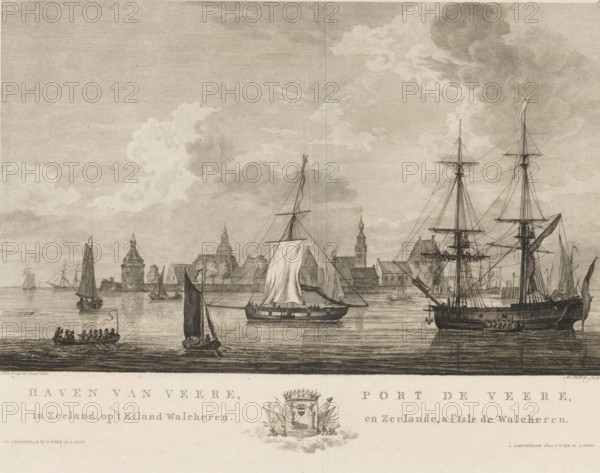 Harbour of Veere, in Zeeland, on the Island of Walcheren, Port de Veere, en Zeelande, a l'Isle de Walcheren, View of the harbour of Veere, print, View of the harbour of Veere with various boats. In the margin the title in Dutch and French with the coat of arms of the city in the centre. Numbered top right: 24., printmaker: Mathias de Sallieth, after drawing by Dirk de Jong, Veere, publisher: Pieter Yver, Amsterdam, publisher: Johannes Smit (publisher), 1779 - 1787, Mathias de Sallieth, Dirk de Jong, Pieter Yver, Johannes Smit (publisher), printmaker, after drawing by, publisher, paper, etching, engraving, height 284 mm x width 379 mm, A wide waterfront scene rendered in monochrome shows numerous sailing vessels of varying sizes on calm water, with tall masts, furled and unfurled sails, and visible rigging; small rowboats with seated figures are near the foreground, and a larger ship with detailed spars and anchor occupies the right side; along the shoreline a cluster of buildings with ...