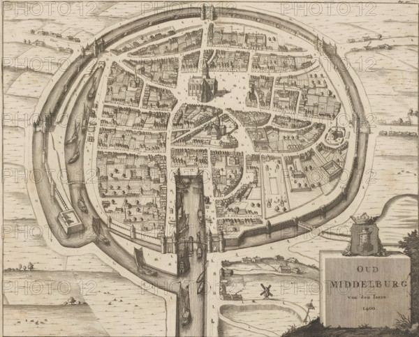 Old Middelburg of the Year 1400, Map of Middelburg, ca. 1400, print, book illustration, Map of Middelburg in bird's-eye perspective, as it would have looked around 1400. Bottom right the title with the city's coat of arms above it. Top right numbered: Page 420., printmaker: Johannes Meertens (possibly), Middelburg, publisher: Abraham van Someren (possibly), Amsterdam, 1696, paper, etching, height 275 mm x width 339 mm, Current state of print also used in: Smallegange, Mattheus. Nieuwe Cronyk van Zeeland (…). Middelburg and Amsterdam: Johannes Meertens and Abraham van Someren, 1696. Later state of print (without numbering in the upper right) also used in: Aa, Pieter van der. La galerie agreable du monde, 66 volumes. Leiden: Pieter van der Aa, 1728, vol. 20., coat of arms (as symbol of the state, etc.) (city, municipal), maps of cities, An aerial bird's-eye engraving of a walled coastal town with concentric defensive walls and water-filled moats, showing a central square with a large chu...