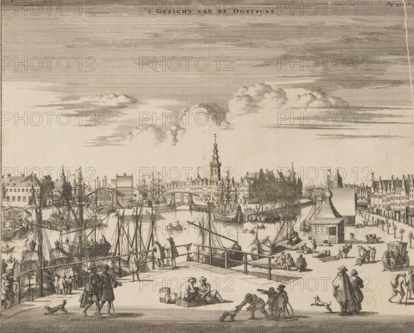 t Gesight van de Oostpunt, View of the harbor and city of Middelburg, print, book illustration, seen from the Point. Title at the top center. Numbered at the top right: Page 422 No. 4., printmaker: Jan Luyken, Amsterdam, printmaker: Johannes Meertens (possibly), Middelburg, publisher: Abraham van Someren (possibly), 1696, paper, etching, engraving, height 268 mm x width 336 mm, Current state of print also used in: Smallegange, Mattheus. Nieuwe Cronyk van Zeeland (…). Middelburg and Amsterdam: Johannes Meertens and Abraham van Someren, 1696. Later state of print (without numbering in the upper right) also used in: Aa, Pieter van der. La galerie agreable du monde, 66 volumes. Leiden: Pieter van der Aa, 1728, vol. 20., harbour, prospect of city, town panorama, silhouette of city, quay, A wide harbor scene rendered in a monochrome etching style showing a dock crowded with sailing ships and small boats, masts and rigging densely visible across the water. A central channel runs between quays...