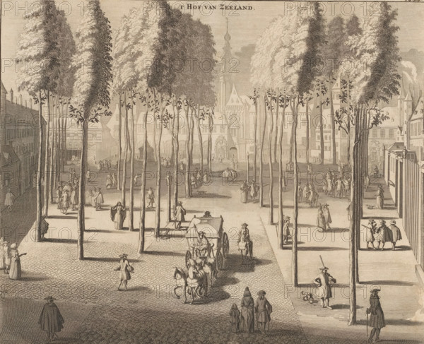 The Court of Zeeland in Middelburg, 't Hof van Zeeland, print, book illustration, View of the Court of Zeeland in Middelburg. The Court of Zeeland was housed in the buildings of the former abbey on the Abdijplein. In the background the abbey tower (Lange Jan), the Nieuwe Kerk and the Koorkerk. On the square a carriage and several people walking among the trees. The title is in the upper center. Numbered top right: Page 424., printmaker: Johannes Meertens (possibly), Middelburg, publisher: Abraham van Someren (possibly), Amsterdam, 1696, Johannes Meertens, Abraham van Someren, printmaker, publisher, paper, etching, engraving, height 276 mm x width 337 mm, Current state of print also used in: Smallegange, Mattheus. New Chronicle of Zeeland (…). Middelburg and Amsterdam: Johannes Meertens and Abraham van Someren, 1696. Later state of print (without numbering in the upper right) also used in: Aa, Pieter van der. La galerie agreable du monde, 66 volumes. Leiden: Pieter van der Aa, 1728, vol...