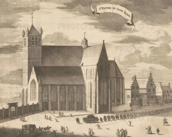 St. Peter's or Old Church, View of the Noordmonsterkerk in Middelburg, print, book illustration, View of the Noordmonsterkerk in Middelburg. This church, demolished in 1835, was also known as the Old Church and the St. Peter's Church. In front of the church, a funeral procession, a carriage, and various figures. Above right of center, a banner with the title. Numbered top right: Page 446. No. 1., printmaker: Johannes Meertens (possibly), Middelburg, publisher: Abraham van Someren (possibly), Amsterdam, 1696, paper, etching, engraving, height 276 mm x width 338 mm, Current state of print also used in: Smallegange, Mattheus. New Chronicle of Zeeland (…). Middelburg and Amsterdam: Johannes Meertens and Abraham van Someren, 1696. Later state of print (without numbering top right) also used in: Aa, Pieter van der. La galerie agreable du monde, 66 volumes. Leiden: Pieter van der Aa, 1728, vol. 20., church (exterior), Noordmonsterkerk, A large stone church with tall pointed roofs and multiple...