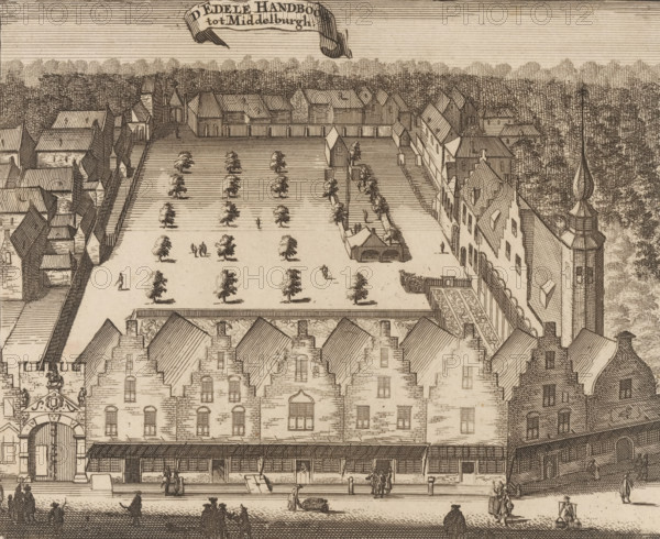 View of the Saint Sebastian's Archery Range in Middelburg, D' Edele Handboog tot Middelburgh, print, book illustration, View of the Saint Sebastian's Archery Range - also known as the archery range of the Edele Handboog - in Middelburg., printmaker, publisher, Amsterdam, Middelburg, Johannes Meertens, Abraham van Someren, paper, etching, engraving, height 134 mm x width 165 mm, A detailed ink drawing of a walled courtyard or garden surrounded by multi-story buildings with stepped gables and pitched roofs, rows of small uniformly shaped trees planted in neat lines across an open grassy area, narrow pathways and fenced sections between buildings, a tall ornate tower with a bulbous spire at one corner, dense woodlands visible beyond the enclosure, several small human figures walking or standing throughout the scene, covered walkways and market-like stalls along the front facade, decorative architectural motifs on entrance portals, and finely hatched shading and linework throughout the com...