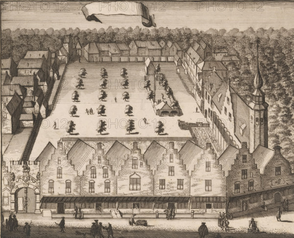 View of the Saint Sebastian's Archery Range in Middelburg, print, View of the Saint Sebastian's Archery Range - also known as the archery court of the Noble Handbow - in Middelburg., in or before 1696, printmaker, paper, etching, engraving, height 136 mm x width 167 mm, A detailed ink etching shows a large rectangular courtyard lined with small evenly spaced trees and surrounded by buildings with steep gabled roofs and rows of windows, a long covered arcade along the front of the main façade, a tall tower with a bulbous spire on the right, and densely shaded trees beyond the rear boundary; tiny figures are scattered across the courtyard and along the street in front, some standing in groups and others walking, with a few small tents or stalls visible near the courtyard side, ornate decorative rooflines and patterned roof tiles on several buildings, and a suspended blank banner shape in the sky above.