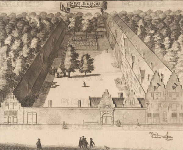 West Indian Warehouses in Middelburg, View of the West Indian Warehouses in Middelburg, print, book illustration, View of the West Indian Warehouses on the Kousteensedijk in Middelburg., publisher: Johannes Meertens (possibly), Middelburg, publisher: Abraham van Someren (possibly), Amsterdam, 1696, printmaker, paper, etching, engraving, height 136 mm x width 165 mm, A bird's-eye view of a rectilinear courtyard bordered by tall buildings and high walls, with rows of trees and a central garden area containing geometric planting beds and a small pavilion, several scattered figures walking or standing within the courtyard and along the street, a group of barrels and a few people near trees, carriages or wheel-mounted objects leaning against the long building, stepped gable façades and an arched gateway in the foreground, dense trees forming a backdrop behind the walls, and a person driving a horse-drawn cart on the street below.