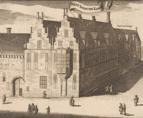 West Indian Chamber, View of the West Indian House in Middelburg, print, book illustration, View of the West Indian House, the office of the WIC Chamber Zeeland, on the corner of Lange Delft and Sint Janstraat in Middelburg., printmaker, publisher, Amsterdam, Middelburg, Johannes Meertens, Abraham van Someren, paper, etching, engraving, height 136 mm x width 164 mm, A detailed ink drawing of a row of tall brick buildings with steep tiled roofs, stepped gables, dormer windows, and multiple chimneys, one building featuring an ornate projecting window with decorative panels and a carved base, the façades showing many rectangular windows with muntins and arched doorways set into a stone street-level wall, a long shadowed passage along the side of one building, a paved sidewalk and wide open street in front, and small groups of people in period dress walking or standing on the street casting long shadows.