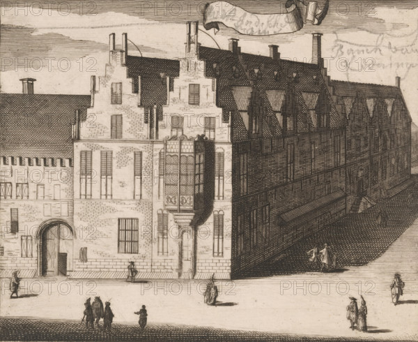 View of the West India House in Middelburg, print, View of the West India House, the office of the WIC Chamber Zeeland, on the corner of Lange Delft and Sint Janstraat in Middelburg., inscription: 'West-Indische Kamer', inscription: 'Banck van Leeninge', in or before 1696, printmaker, paper, pencil, etching, engraving, etching and engraving with pencil, proof print, height 137 mm x width 167 mm, A detailed engraving of a large stone building with stepped gables and a tiled roof, showing numerous tall rectangular windows and an ornate projecting bay window with decorative panels, adjacent to a darker half-timbered structure with closely spaced dormer windows and steep rooflines; the foreground shows a wide paved square with small groups of walking figures and a few solitary pedestrians casting shadows, while the sky above is filled with fine horizontal hatch lines and a ribbon-like banner near the roofline.