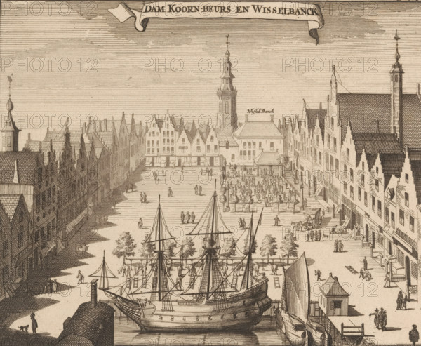 Dam Corn Exchange and Exchange Bank, View of the Dam in Middelburg, print, book illustration, View of the Dam in Middelburg with the Corn Exchange in the background on the square to the right and the Exchange Bank behind it. In the middle in the background the Lange Jan (Abbey Tower)., publisher: Johannes Meertens (possibly), Middelburg, publisher: Abraham van Someren (possibly), Amsterdam, 1696, printmaker, paper, etching, engraving, height 136 mm x width 166 mm, A detailed ink engraving showing a waterfront scene with multiple sailing ships moored along a quay, their masts, rigging, and sails drawn with fine lines; a broad open paved area behind the ships populated by numerous small figures walking and standing in groups; rows of tall narrow gabled buildings flanking the square on both sides with stepped rooflines and many windows; a central tower with a spire rising above the surrounding buildings; market stalls or booths and aligned trees in the square where people congregate; smal...
