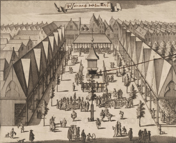 Vismarct tot Middelb., View of the Fish Market in Middelburg, print, where fish are sold in both the covered and the open sections. In the center a water pump., inscription: 'Vismarct tot Middelb.', in or before 1696, printmaker, materials by function, paper, ink, etching, engraving, pen, etching and engraving with pen in brown, proof, height 136 mm x width 168 mm, A wide engraved scene shows a long open courtyard flanked by rows of tall pitched roofs and covered stalls, with a central walkway lined with small trees and scattered groups of people in period dress engaged in various activities; a pavilion with a pointed roof stands near the middle, and beneath a larger covered structure further back people sit at benches while vendors and customers move about, while in foreground figures walk, gather, and interact near piles of goods and market stalls, and dogs appear among the pedestrians.