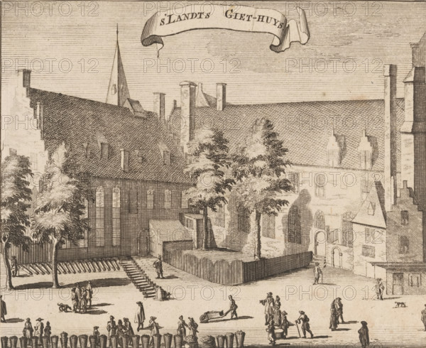 View of the State Artillery Foundry in Middelburg, 's Landts Giet-huys, print, book illustration, View of the State Artillery Foundry in Middelburg. On the left, in the square in front of the foundry, cannons, a bell, and cannonballs., publisher: Johannes Meertens (possibly), Middelburg, publisher: Abraham van Someren (possibly), Amsterdam, 1696, Johannes Meertens, Abraham van Someren, printmaker, publisher, paper, etching, engraving, height 135 mm x width 166 mm, A sepia-toned engraving shows a row of large buildings with steep tiled roofs, multiple chimneys, tall narrow windows, and arched doorways, with a tall pointed steeple rising behind them; trees with finely etched foliage stand in front of one building surrounded by a low fence and a small enclosed square with a rectangular structure; in the foreground a paved open area contains scattered people in period clothing engaged in walking and talking, a man pushing a wheelbarrow, small groups gathered, and a dog, while wooden posts ...