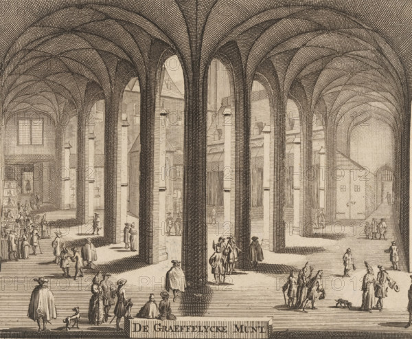The Count's Mint, View of the Count's Mint in the Abbey at Middelburg, print, book illustration, View of the Count's Mint (where the coins were minted) in the Abbey at Middelburg., publisher: Johannes Meertens (possibly), Middelburg, publisher: Abraham van Someren (possibly), Amsterdam, 1696, Johannes Meertens, Abraham van Someren, printmaker, publisher, paper, etching, engraving, height 137 mm x width 164 mm, A wide vaulted interior with rows of tall columns and ribbed arches forming a patterned ceiling, rendered in fine line work; numerous small figures in period clothing populate the floor, walking, standing, and conversing in small groups, some accompanied by dogs; architectural details of windows, doorways, and exterior building facades are visible through the arches, with stairs and platforms at varying levels; shading is achieved through dense crosshatching and parallel lines creating light and shadow across the floor and columns.