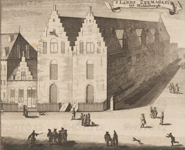 View of the National Naval Storehouse in Middelburg, National Naval Storehouse Middelburg, print, book illustration, View of the National Naval Storehouse in Middelburg. Various figures on the street., publisher: Johannes Meertens (possibly), Middelburg, publisher: Abraham van Someren (possibly), Amsterdam, 1696, printmaker, paper, etching, engraving, height 135 mm x width 168 mm, An engraving of a large stepped-gable building with a steep roof and rows of windows along its long side, rendered in fine crosshatching; a tall fence with pointed pickets runs in front of the building, with a central gated opening and sloped wooden ramps; small groups of people in period dress stand and walk in the open area before the fence, including clusters of figures conversing, solitary walkers, and a few figures interacting with small dogs; along the street beside the building a narrow shadowed passageway leads toward the distance where more tiny figures are visible; decorative rooflines, chimneys, an...