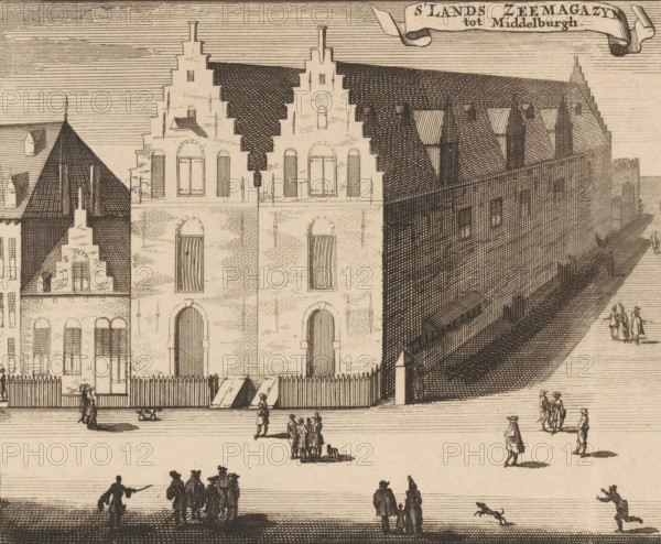 View of the National Naval Storehouse in Middelburg, National Naval Storehouse Middelburg, print, book illustration, View of the National Naval Storehouse in Middelburg. Various figures on the street., publisher: Johannes Meertens (possibly), Middelburg, publisher: Abraham van Someren (possibly), Amsterdam, 1696, printmaker, paper, etching, engraving, height 136 mm x width 165 mm, A detailed engraved scene of a row of tall brick buildings with stepped gables and arched doorways, one building showing a pitched roof with multiple dormer windows and chimneys, and a fenced area with a sloped ramp leading to a large doorway; many small groups of people in period dress are walking or standing in the open paved foreground, some in clusters and some alone, with a small dog running and other dogs near people, and long horizontal lines shading the sky and ground.