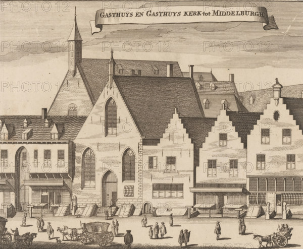 View of the Gasthuis and the Gasthuiskerk in Middelburg, Gasthuys and Gasthuys Kerk tot Middelburgh, print, book illustration, View of the Gasthuis and the Gasthuiskerk located behind it in Middelburg., publisher: Johannes Meertens (possibly), Middelburg, publisher: Abraham van Someren (possibly), Amsterdam, 1696, printmaker, paper, etching, engraving, height 136 mm x width 166 mm, A linear ink drawing of a street scene showing tall stepped and pitched roof buildings with detailed roof tiles and dormer windows, a church facade with arched stained glass windows and a tall narrow tower, market stalls and awnings along the building fronts, small human figures walking and standing in the street, horse-drawn carriages and horses, cobbled pavement, decorative gables and chimneys, finely hatched clouds in the sky and a ribbon-like banner across the top.