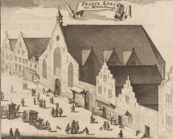 View of the Walloon Church in Middelburg, France Kerck tot Middelburg, print, book illustration, View of the Walloon Church in the Sint Pieterstraat in Middelburg., printmaker, publisher, Amsterdam, Middelburg, Johannes Meertens, Abraham van Someren, paper, etching, engraving, height 135 mm x width 165 mm, A detailed black and white line engraving of a street scene dominated by a large church building with a steep tiled roof, pointed arched windows, a small tower with a spire, and tall gabled facades of adjacent buildings, with many small human figures walking, standing, and conversing in the street, several horse-drawn carriages and horses near the lower left, awnings and doorways along the row of buildings, and long shadows cast on the ground.