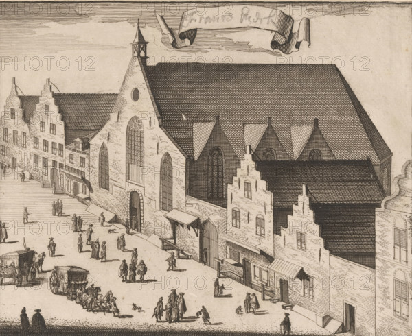 View of the Walloon Church in Middelburg, print, View of the Walloon Church in the Sint Pieterstraat in Middelburg., inscription: 'France Church', in or before 1696, printmaker, paper, pencil, etching, engraving, etching and engraving with pencil, proof, height 136 mm x width 167mm, An engraving of a street scene dominated by a large stone church with steep tiled roofs, pointed arched windows, a circular window, and a small belfry atop a gable, flanked by rows of stepped gable buildings with rectangular windows and doorways; awnings and small shopfronts line the ground level and market stalls project from the walls, while numerous small figures in period dress walk, converse, and stand along the wide street amid horse-drawn carriages and wagons, and a banner-like scroll floats in the sky above the buildings.