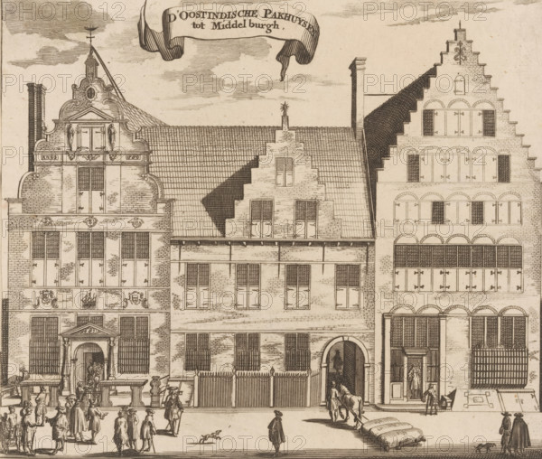 The East India Warehouses in Middelburg, View of the East India Warehouses in Middelburg, print, book illustration, with various figures on the street., publisher: Johannes Meertens (possibly), Middelburg, publisher: Abraham van Someren (possibly), Amsterdam, 1696, printmaker, paper, etching, engraving, height 142 mm x width 168 mm, A detailed ink engraving showing a row of tall brick buildings with stepped and ornate gabled roofs, tiled roof surfaces, rows of shuttered windows, and decorative stonework. The central building features a gated courtyard entrance with an arched passage and a figure leading a horse through it, flanked by tall barred windows. To the left a grand doorway with columns and a small crowd gathered outside, including people in period clothing walking and standing, some in pairs and some ascending steps. A small dog runs across the street in front of a solitary figure wearing a cloak. On the right a building with multiple tiers of arched window openings and shutte...