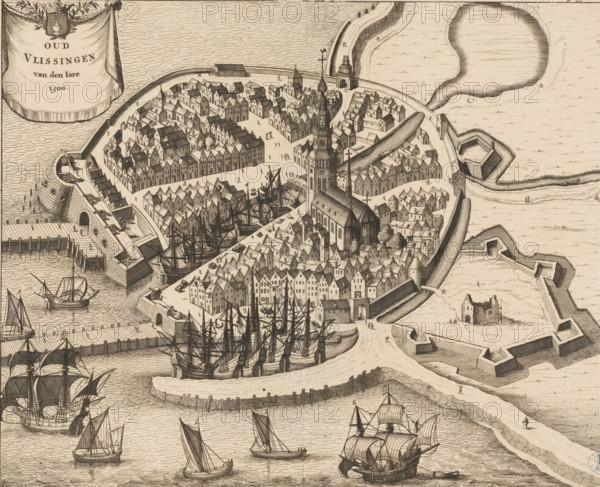Old Vlissingen of the Year 1500, Map of Vlissingen, 1500, print, book illustration, Bird's-eye view map of Vlissingen, as it would have looked around 1500. In the upper left a cartouche with the title and the city's coat of arms. Cut off within the plate margin so numbering in the upper right only partially visible Page 556., printmaker: Johannes Meertens (possibly), Middelburg, publisher: Abraham van Someren (possibly), Amsterdam, 1696, paper, etching, engraving, height 275 mm x width 337 mm, Current state of print also used in: Smallegange, Mattheus. Nieuwe Cronyk van Zeeland (…). Middelburg and Amsterdam: Johannes Meertens and Abraham van Someren, 1696. Later state of print (without numbering in the upper right) also used in: Aa, Pieter van der. La galerie agreable du monde, 66 volumes. Leiden: Pieter van der Aa, 1728, vol. 21., coat of arms (as symbol of the state, etc.) (city, municipal), maps of cities, Flushing, A detailed aerial view of a walled coastal town with densely packed...